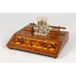 A GOOD TUNBRIDGE WARE MARQUETRY AND PARQUETRY TABLE INKSTAND, inlaid with roses and fitted with