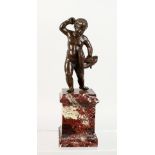 A GOOD SMALL BRONZE, possibly 17th century, depicting a young man wrestling a serpent, mounted on
