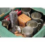 A box of pewter tankards, a hip flask and other collectables.