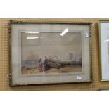 A Fisherman and his Wife by a Fishing Dinghy on a Shore watercolour.