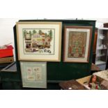 Two embroidered pictures, framed and glazed together with four WWI silk Valentine cards, framed