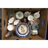 Decorative china and glassware to include a Wedgwood Jasper ware bowl and cover, a pastille burner