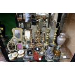 Miscellaneous brassware, plated claret jug etc.