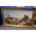 A Harbour Scene colour print on canvas, in a gilt frame.