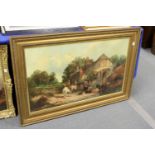 After Morland "Figures and Horses" in a gilt frame colour print, on canvas,