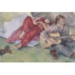 20th Century European School. A Man Playing Guitar While a Lady Sleeps, Oil on Canvas,