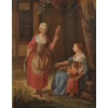 19th Century Continental School. Spinning Yarn, Two Ladies and a Child, Oil on Panel, Indistinctly