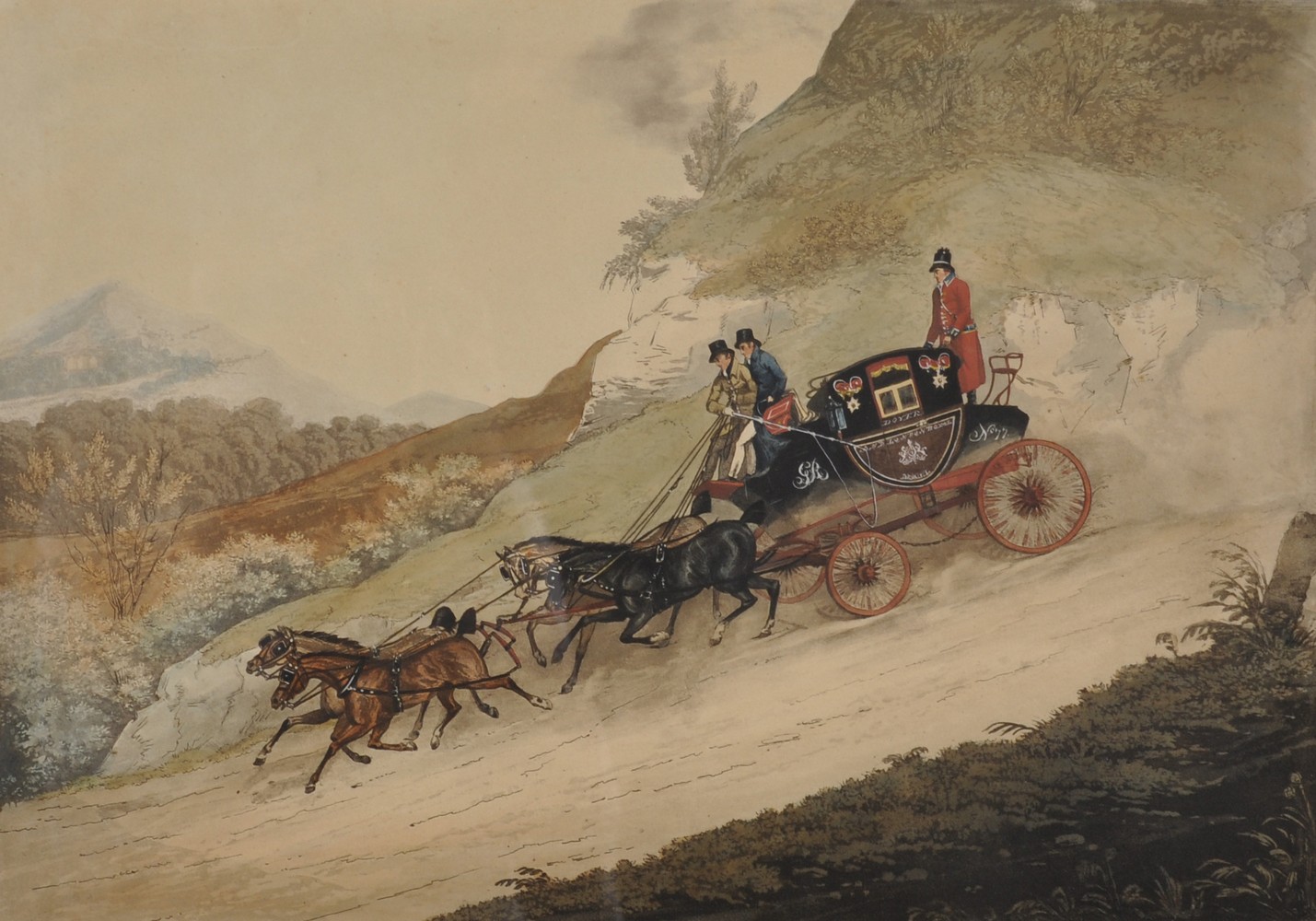 Royal Mail Coach and Changing Horses, a Pair of Prints by Arthur Ackermann, 13.5" x 19" (2).