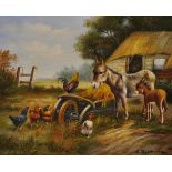 S. Depardon, 20th Century. Farmyard Scene with Donkeys and Chickens, Oil on Board, Signed, 8" x