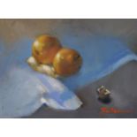 Tom W. Quinn (1918-2015). Pears on White Linen, Oil on Board, Signed, 12" x 16".