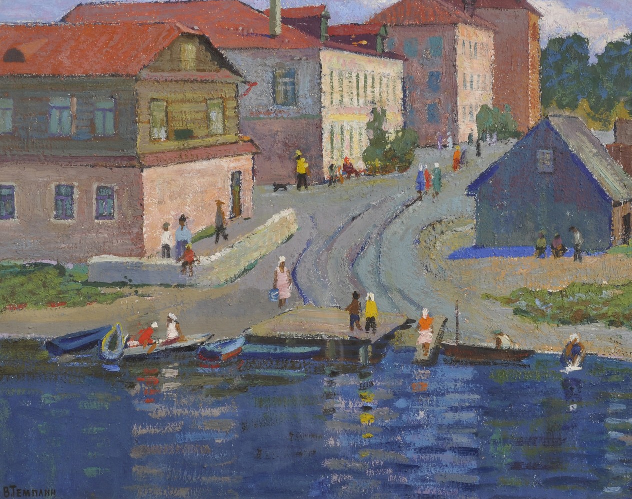 Viktor Templin (1920-1994) Russian. Figures by a River with a Town Beyond, Oil on Board, Signed, 20"