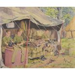 Deirdre Henty-Creer (1918-2012) Australian/British. A Scene of Figures Repairing Army Uniform, Oil