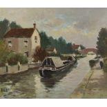 H.E. Lewis (20th Century) British. Canal Scene with Barge, Oil on Board, Signed with Initials, 15" x