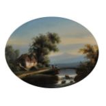 19th Century English School. Fisherman by a Bridge with Mountains Beyond. Oil on Convex Glass Backed