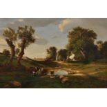 Jules Andre (1807 - 1869) French. A River Landscape, with Drover and Cattle in the Foreground, Oil