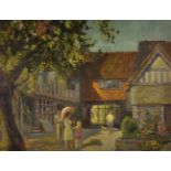 Attributed to Jack Cross (20th Century) British. A Courtyard Scene with Figures Beneath a Parasol,