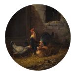 19th Century English School. A Cockerel and Hens in a Barn, Oil on Canvas, 9.5" Diameter, and the