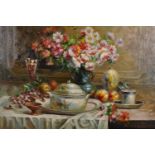 Late 20th Century. A Still Life of Fruit and Flowers on a Table, Oil on Canvas, Signed Indistinctly,