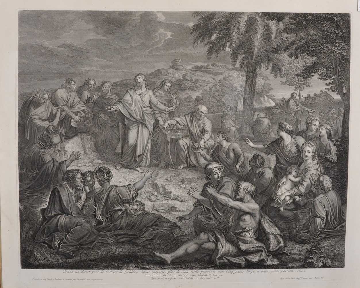 19th Century French. Jesus Feeding the Five Thousand, Engraving, 22" x 27.5", and a companion