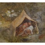 19th Century English School. Resting Travellers, Watercolour, Initialled 'F.G.' 6" x 6.5".