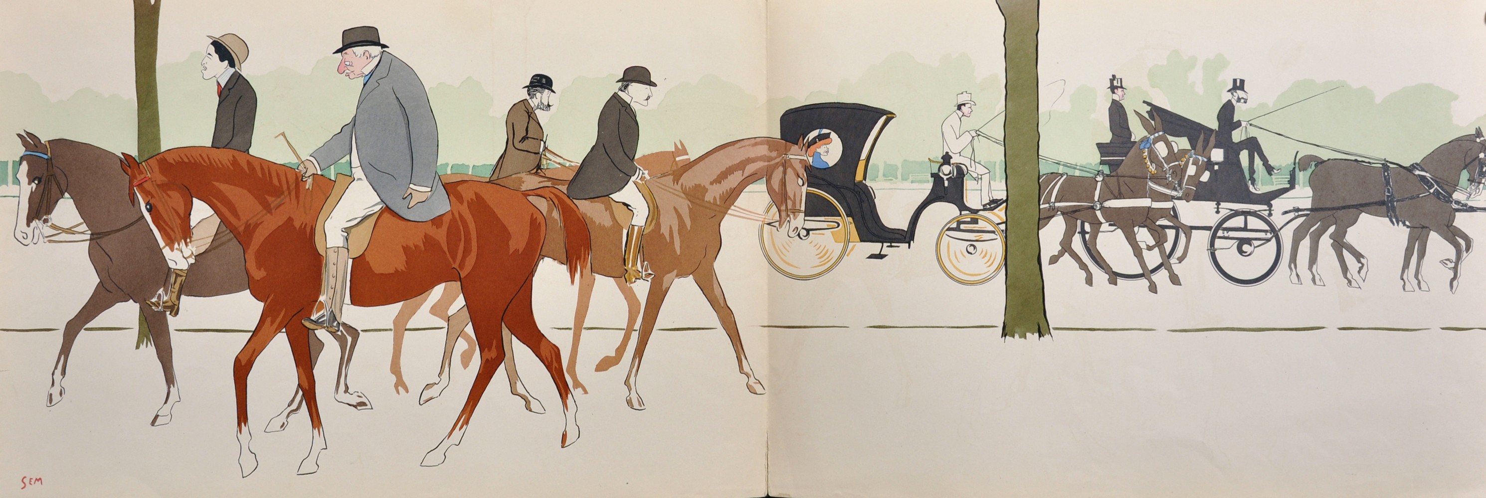 Georges Goursat 'Sem'. A Pair of Double Page Lithographs of Horses and Carriages, 14" x 40" (2).