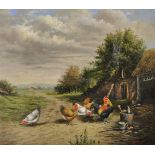 Late 20th Century. Chickens in a Farmyard Landscape, Oil on Canvas, Indistinctly Signed, 14" x 16".