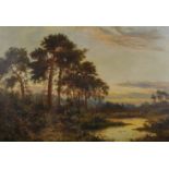 Daniel Sherrin (1868-1940) British. A River Landscape at Dusk, with Figures in the undergrowth,