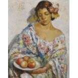 Late 20th Century Russian School. Girl Carrying a Bowl of Fruit, Oil on Canvas, Signed Igor