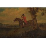 19th Century English School. A Huntsman on Horseback Clearing a Hedge, Oil on Panel, Inscribed verso