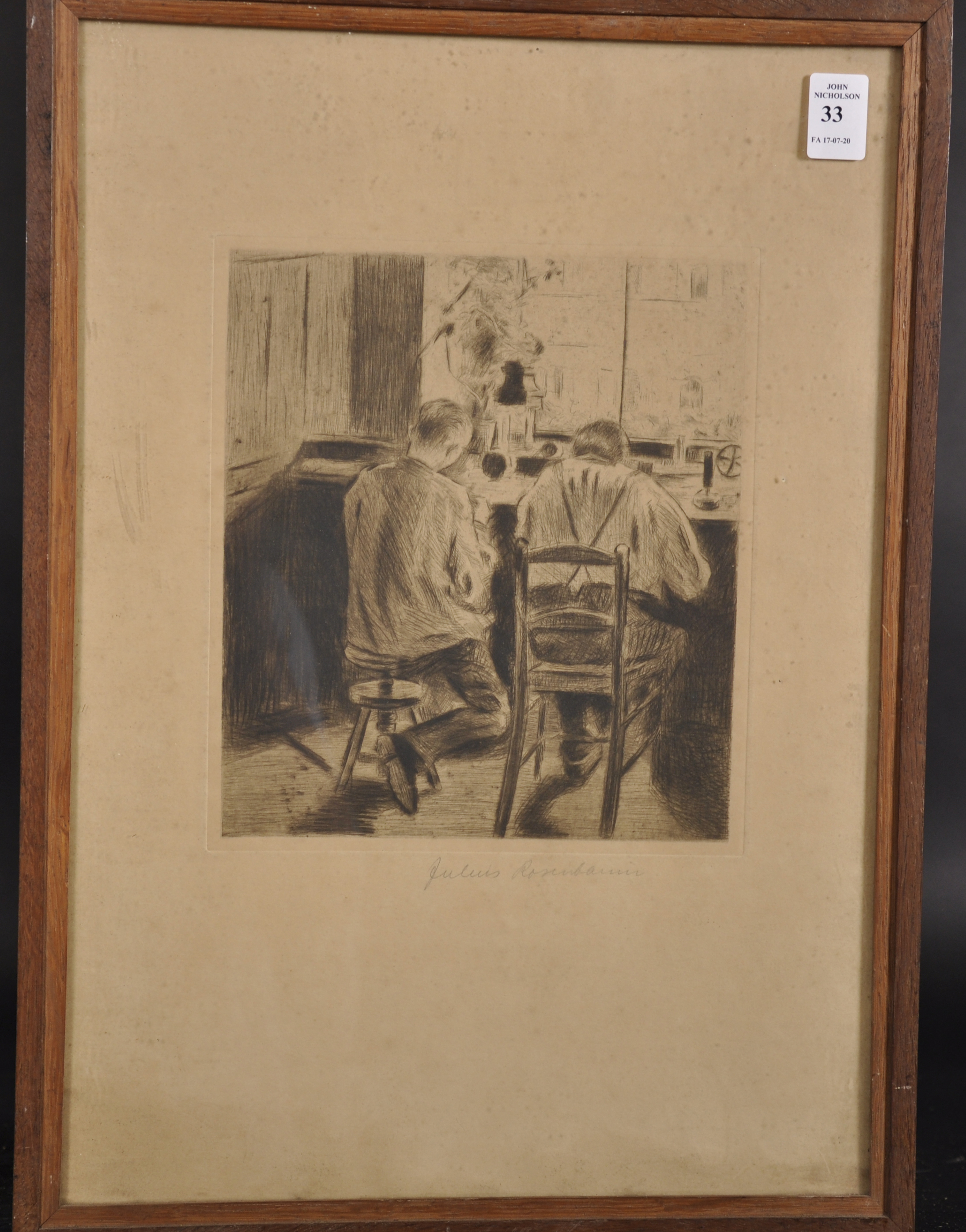 Julius Rosenbaum (1879-1956) Danish. In the Workshop, Etching, 8.5" x 7.5". - Image 2 of 4
