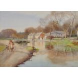 William Evans Linton (1878-1956) British. River Landscape with Figures, Watercolour, Signed with