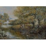 J. Herdman (19th Century) British. Man Fishing with a Watermill Beyond, Watercolour, Signed and