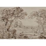 18th Century, Figures in a Landscape with Classical Ruins in the Distance, Mixed Media, 7.5" x 10.