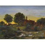 Early 20th Century English School. Village at Dusk with Figures in the Foreground, Oil on Canvas,