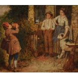 Robinson Elliott (1814-1894) British. 'The Young Musician with Figures in a Cottage Doorway', Oil on