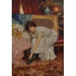 William A. Breakspeare (1855-1914) British. 'Dressing for the Ball', a Young Girl Seated on a Sofa