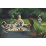 Tom W. Quinn (1918-2015). Lunch in the Garden, Oil on Board, Signed, 16" x 24".