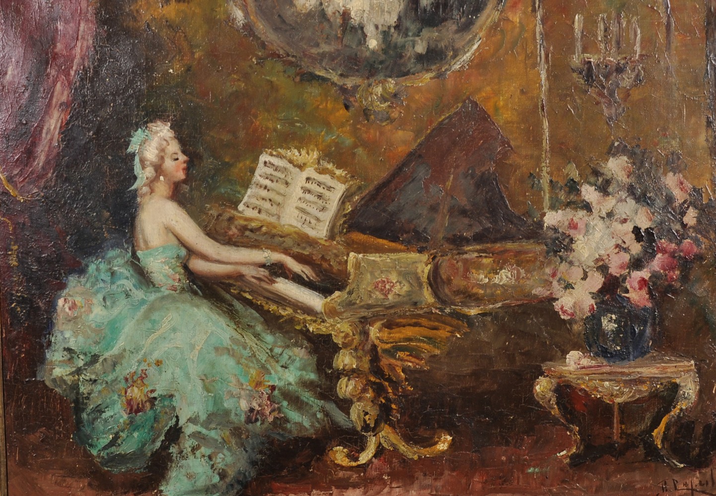 Early 20th Century Continental School. Elegant Lady Playing a Piano in a Lavish Interior, Oil on