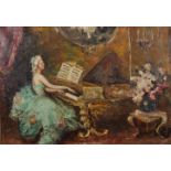 Early 20th Century Continental School. Elegant Lady Playing a Piano in a Lavish Interior, Oil on