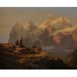 19th Century Austrian School. 'Aiger Monch and Jungfrau', a Mountain Scene, with a Chalet in the