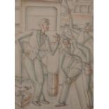 Modern British School. Bus Conductors on a Break in the Depot. Pencil and Watercolour, Unframed,