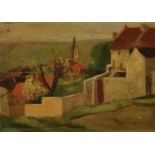 20th Century Continental School. View of a Village with Distant Church, Oil on Canvas, 13" x 18".