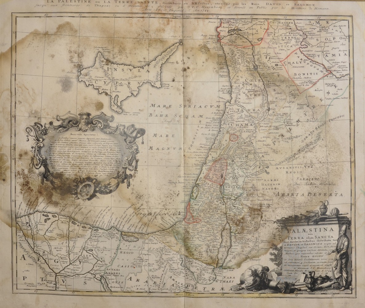 A Map of Palestine, Circa 1744, 20" x 23". With a Town View of Maestricht and a Map of Vogtlondiae.