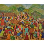 Dieudonne Pluviose (b.1928) Haitian. A Market Scene with Figures, Oil on Board, Signed and Inscribed