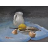 Tom W. Quinn (1918-2015). Lemons & Eggshells, Oil on Board, Signed, 15" x 20".