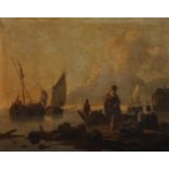 19th Century Dutch School. Figures on a River Bank with Boats, Oil on Canvas, 14" x 17.5".