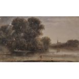 Circle of John Constable. River Scene with Distant Spire, Watercolour, Unframed, 5.5" x 8.5".