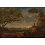 18th Century English School. Figures in a Landscape Approaching a Town, Oil on Oak Panel, 9" x 13".