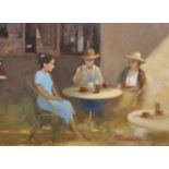 Tom W. Quinn (1918-2015). Cafe Conversation, Bergerac. Oil on Board, Signed, 12" x 16".