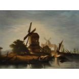 19th Century Dutch School. River Scene with Figures and a Windmill, Oil on Canvas, 20" x 26".